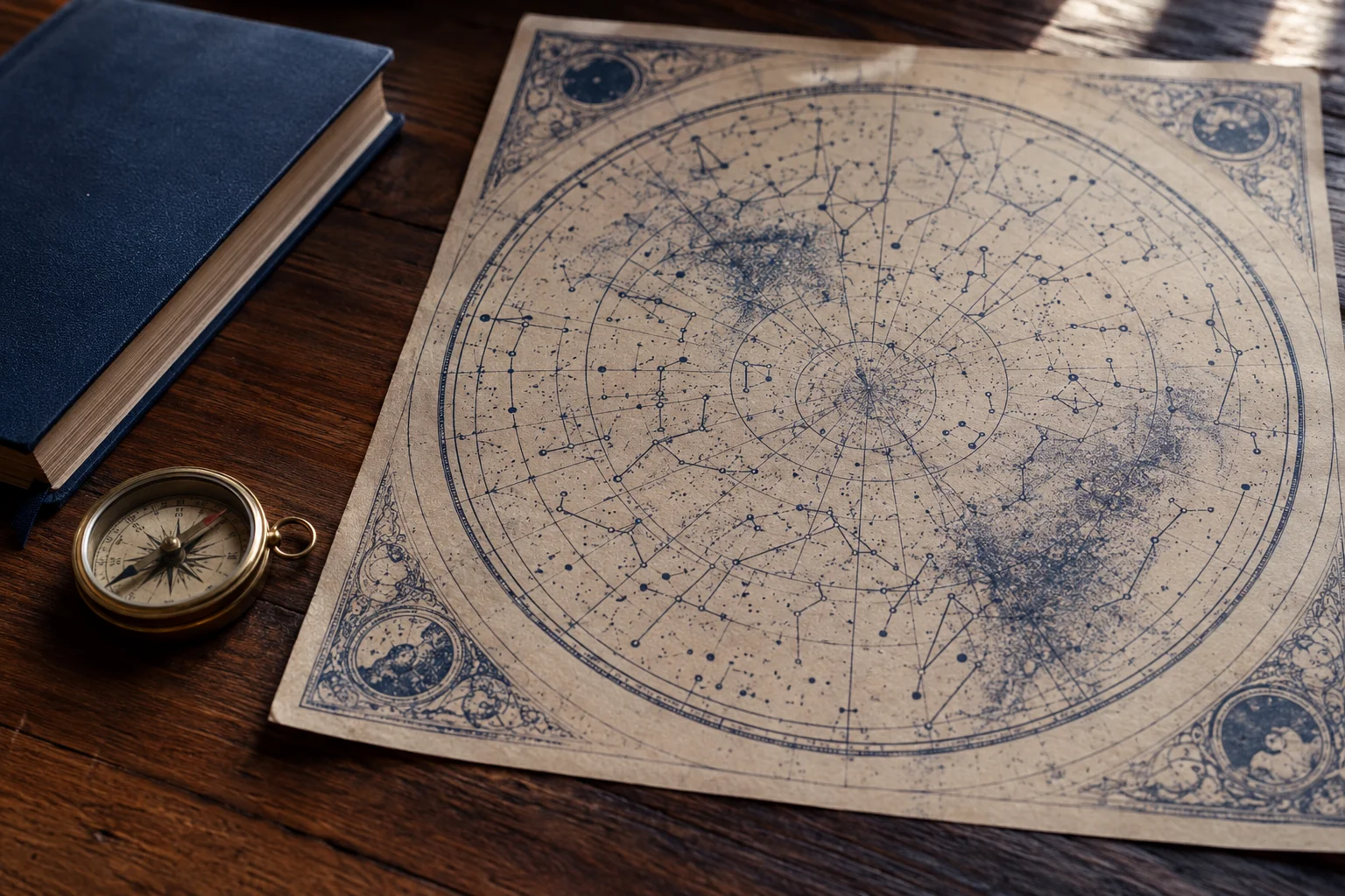 An astronomical chart with brass instruments on a blue desk