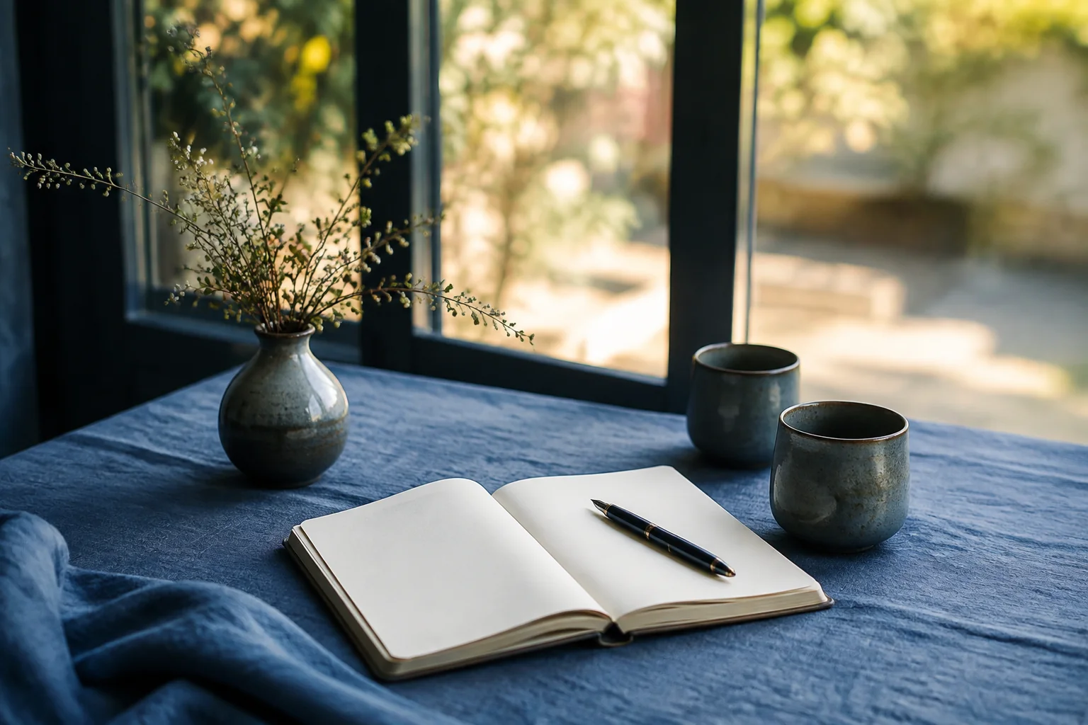 An open journal in a peaceful space for reflection