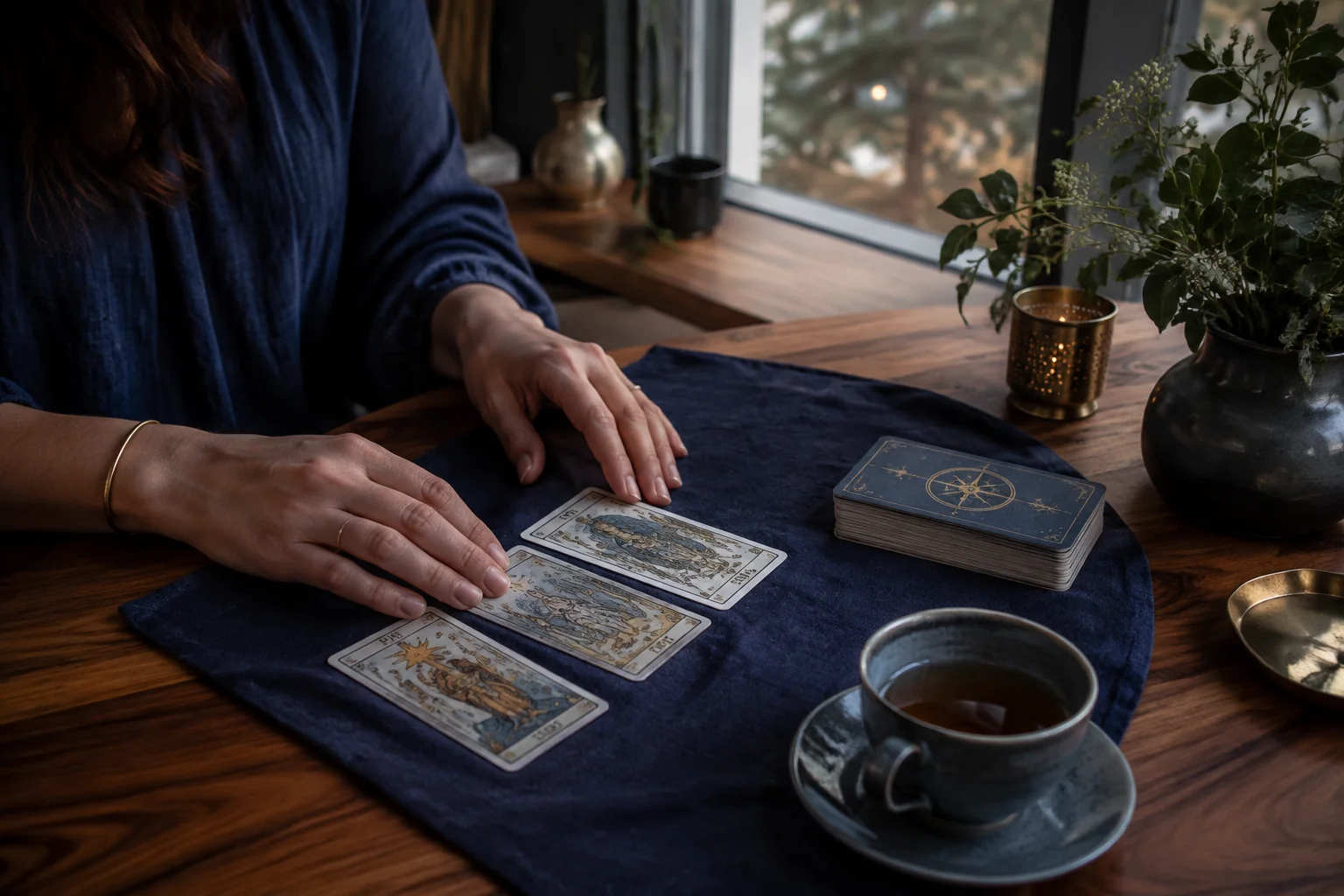 Tarot cards arranged on a blue linen reading table